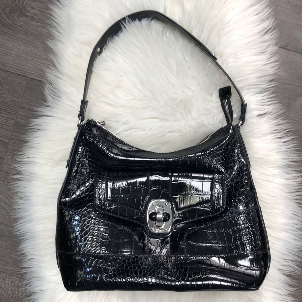 Guess Black Croc-Embossed Shoulder Bag with Silver Hardware